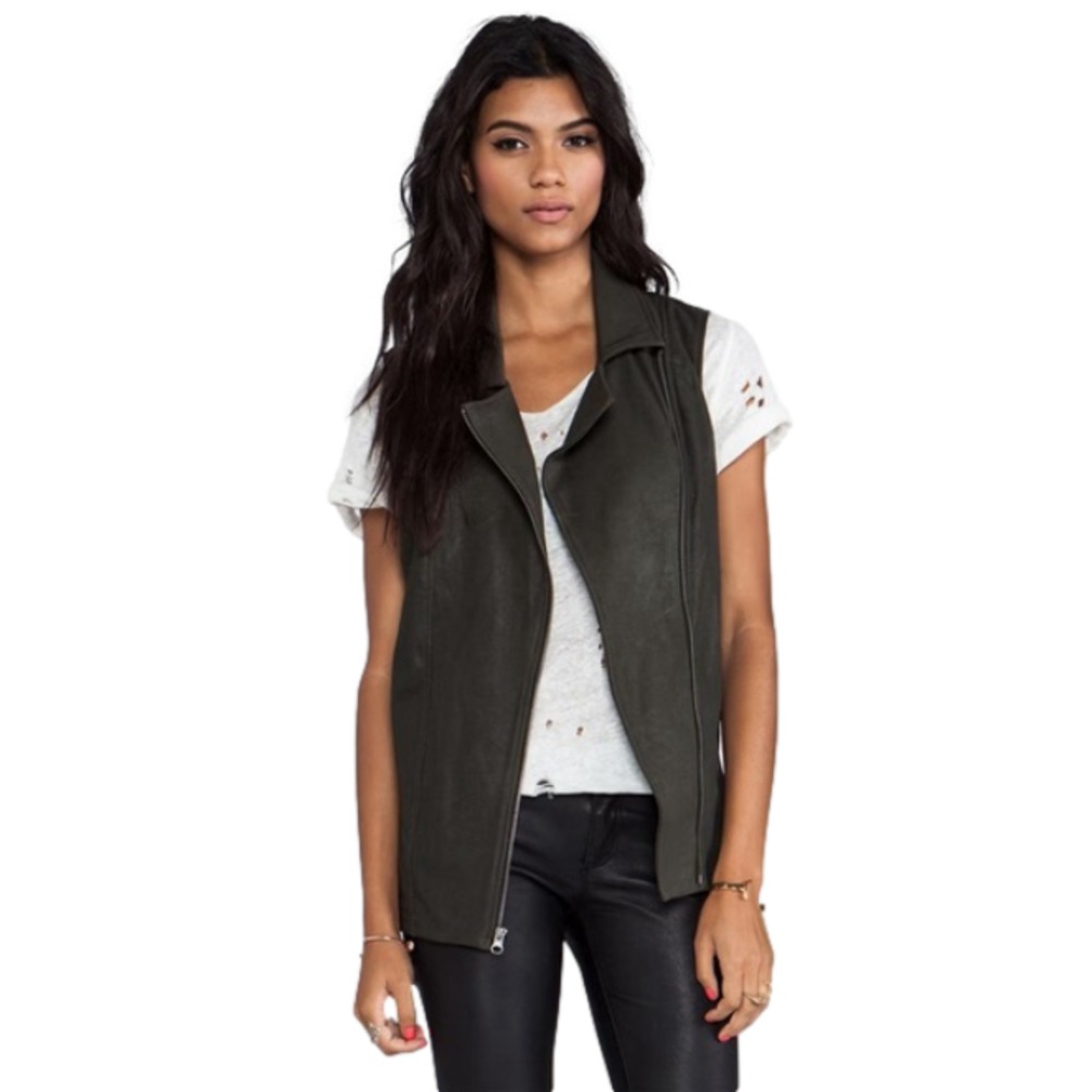Revolve Krisa Womens Size M Coated Tunic Outerwear Moto Vest In Olive Black